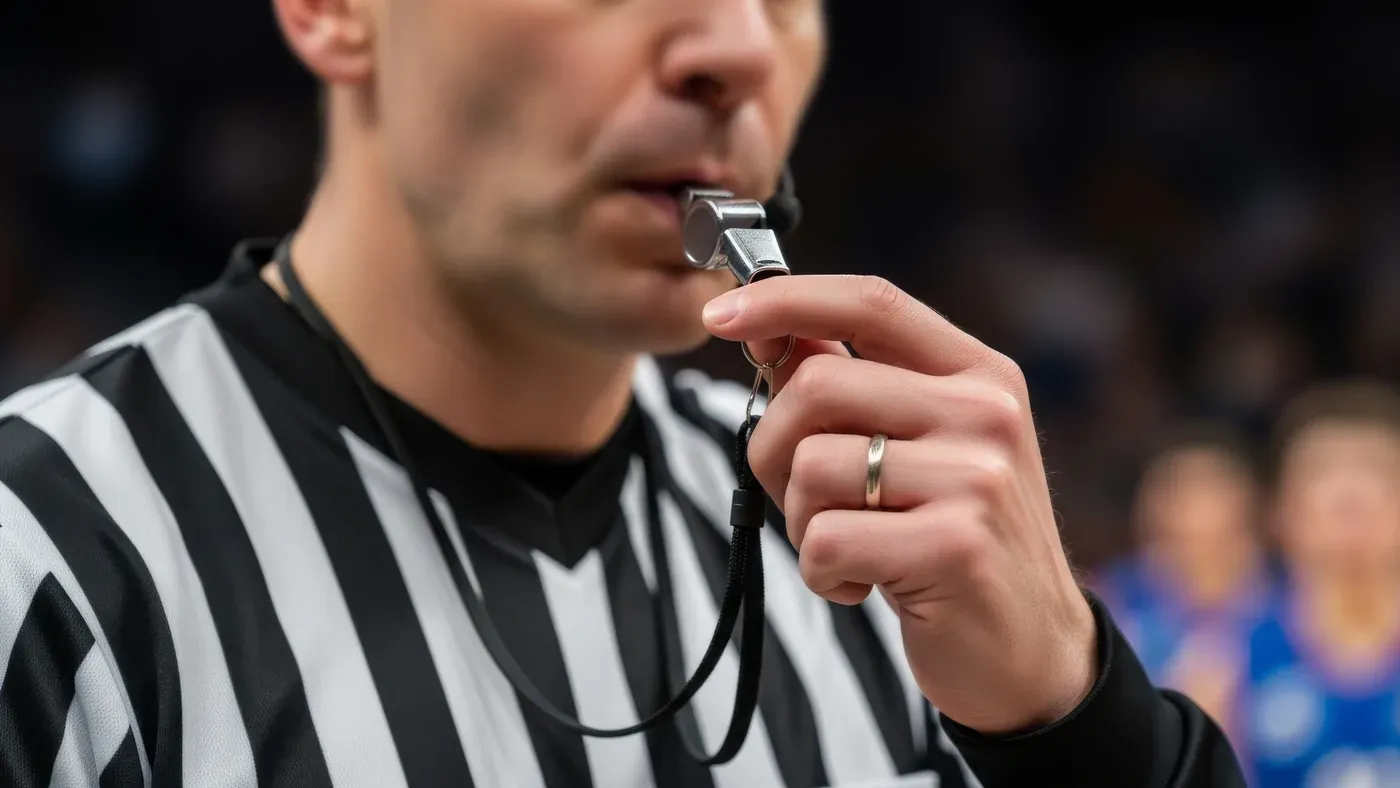 Domare blåser i visselpipa under en basketmatch